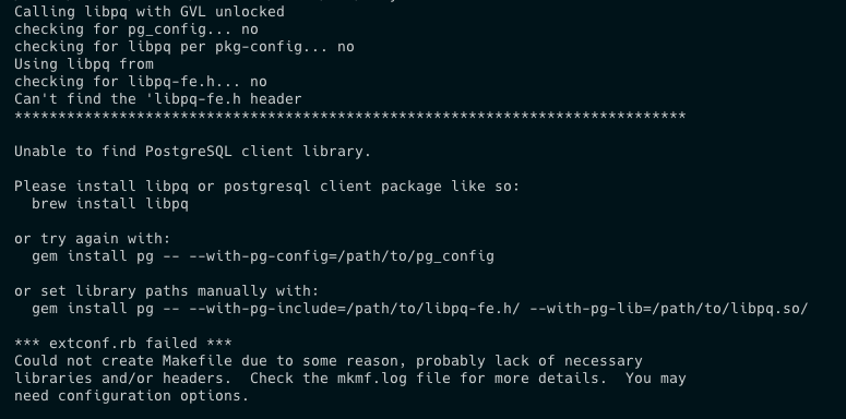 Installing pg gem failing on MacOS